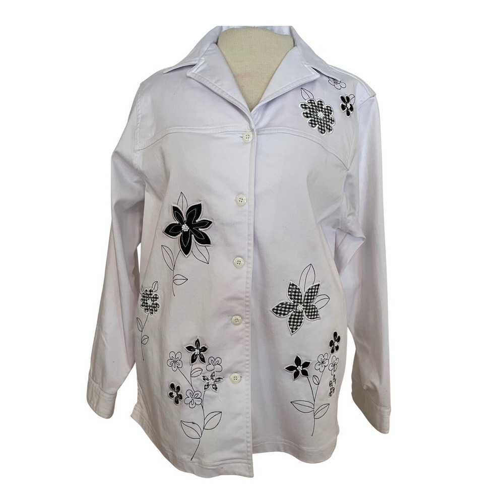 Alfred Dunner White Embroidered Floral Button Up Shirt Top‎ Womens 10